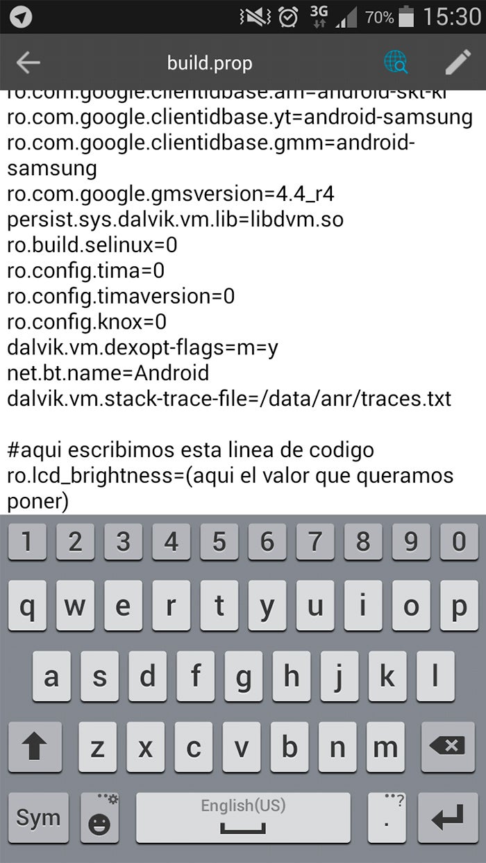 Captura de tela do brilho Build.prop