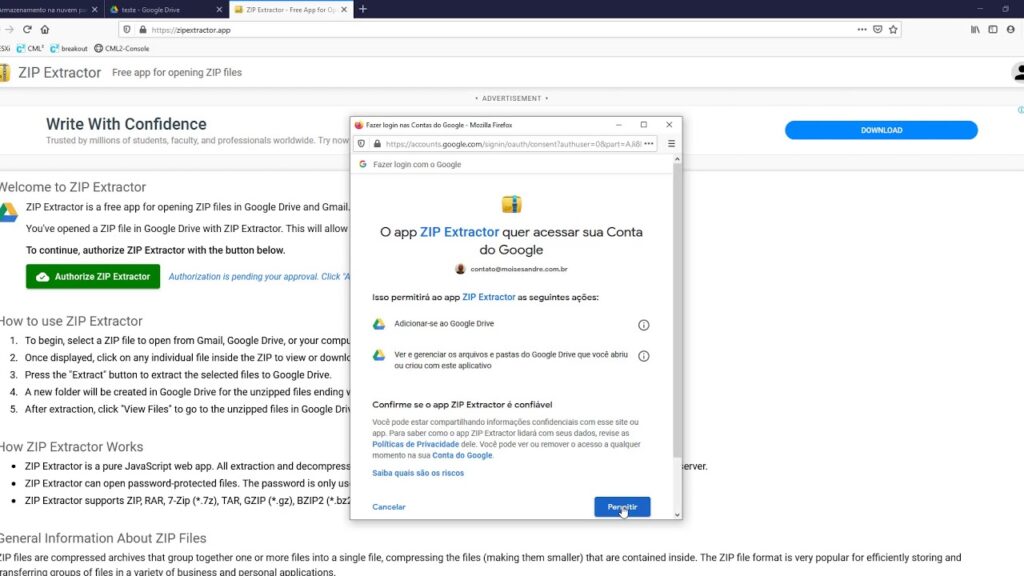 Como descompactar arquivos no google drive 1