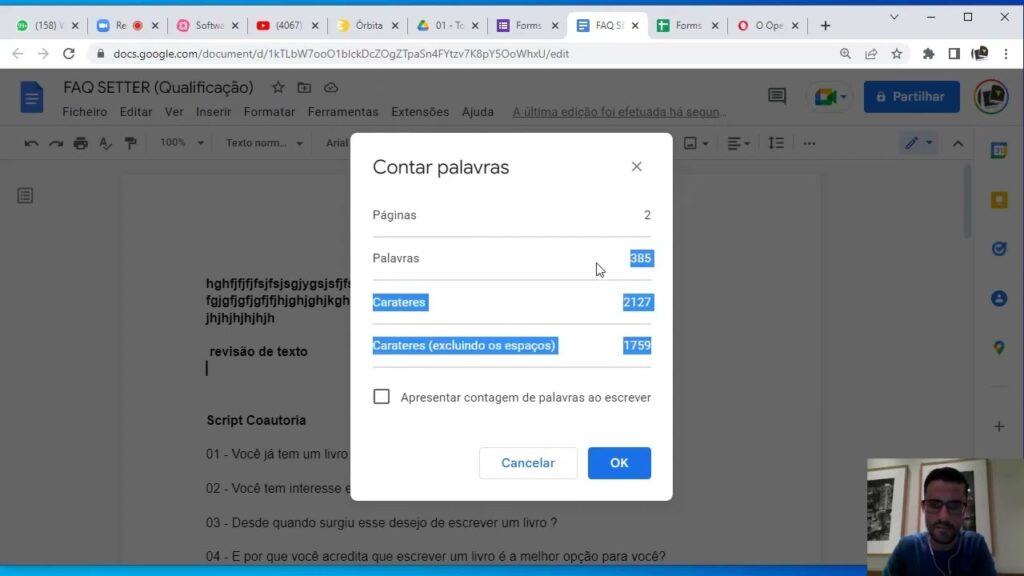 Como usar o contador de caracteres palavras e paginas no google docs 1