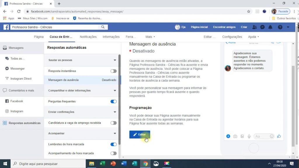 Como definir uma mensagem de ausencia em paginas do facebook 1