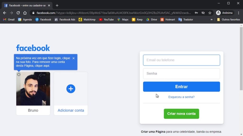 Como entrar em outra conta do facebook sem fazer logout 1
