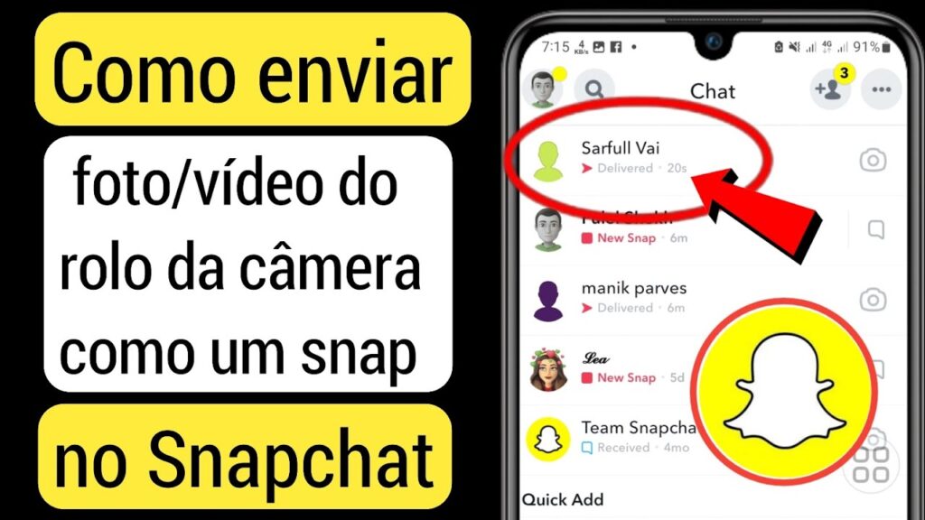 Como enviar fotos do rolo da camera e da galeria no chat do snapchat 1