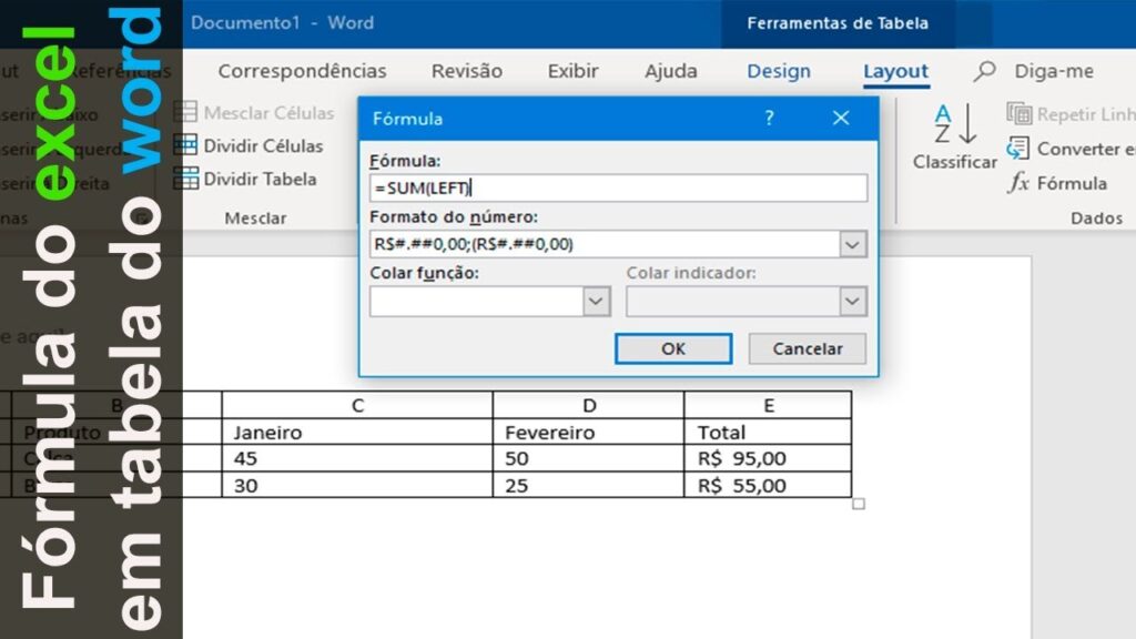 Como usar formulas do excel em uma tabela do word ou do outlook 1