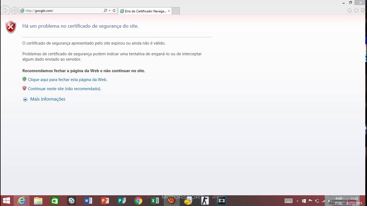 Como corrigir erro de certificado invalido no chrome firefox e ie 10