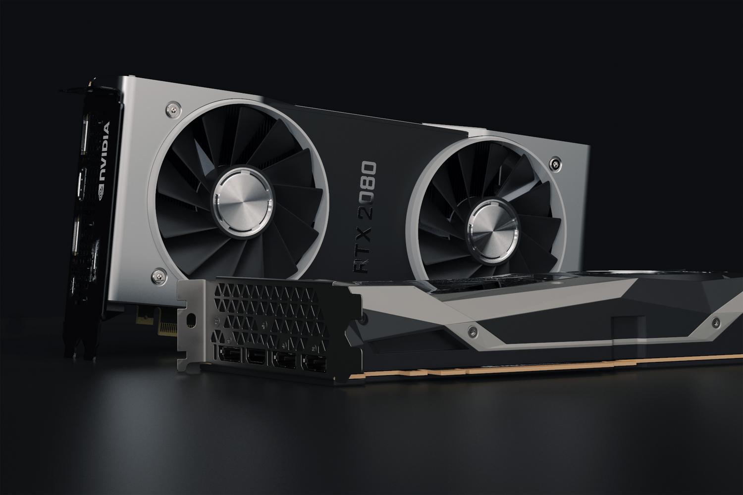 Primer plano detallado de una tarjeta gráfica NVIDIA RTX 2080, resaltando los componentes de hardware y el sistema de refrigeración.