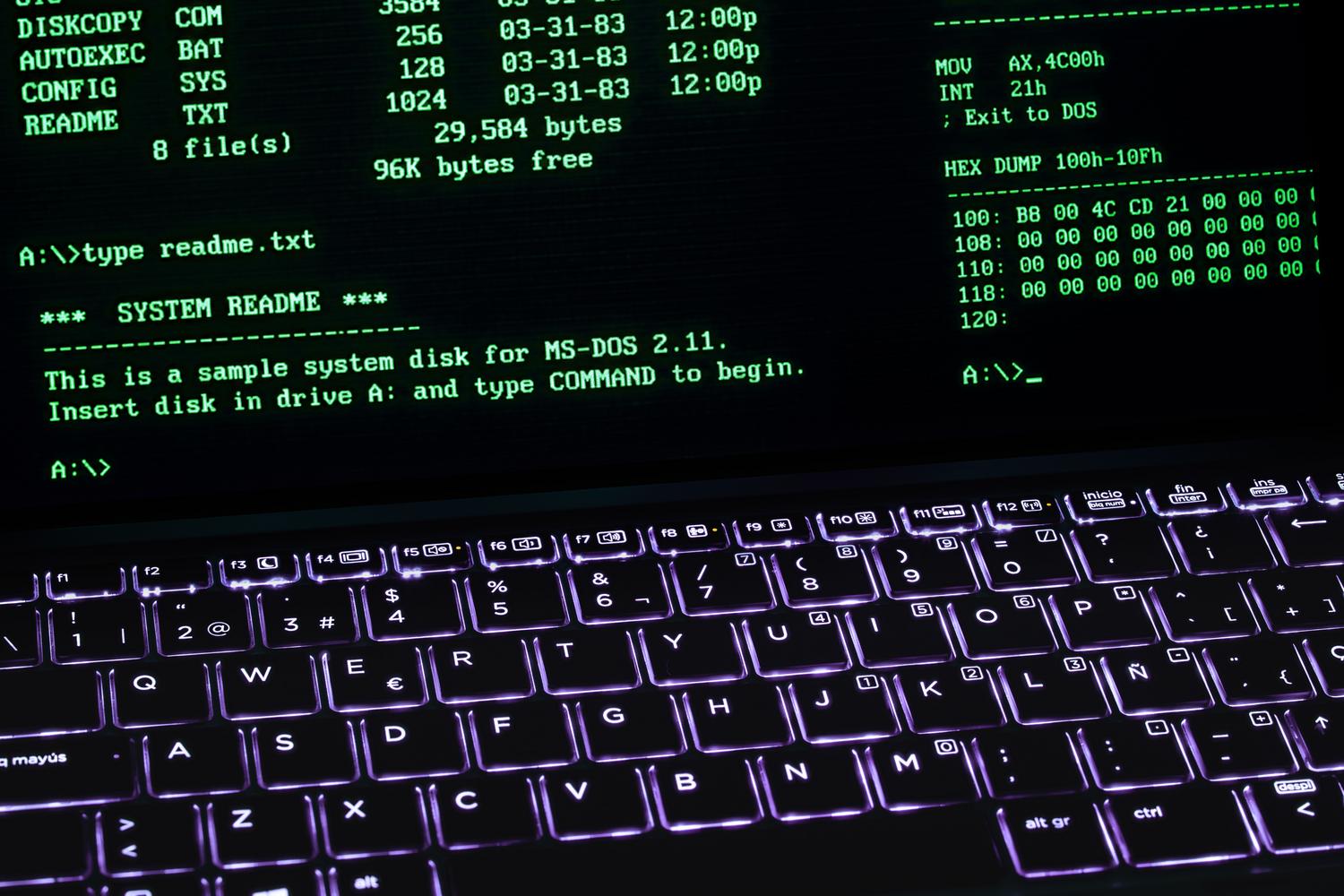 Tela de terminal retrô estilo MS-DOS, representando a configuração técnica e profunda das variáveis do sistema.