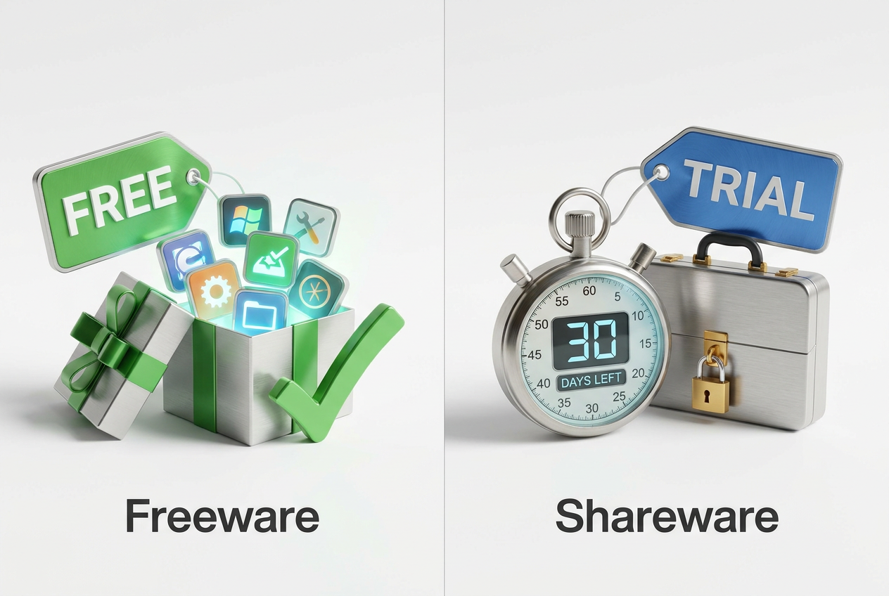 Realidad conceptual en 3D de la diferencia entre Freeware y Shareware, mostrando etiquetas de 'Gratis' y 'Prueba' con elementos simbólicos.