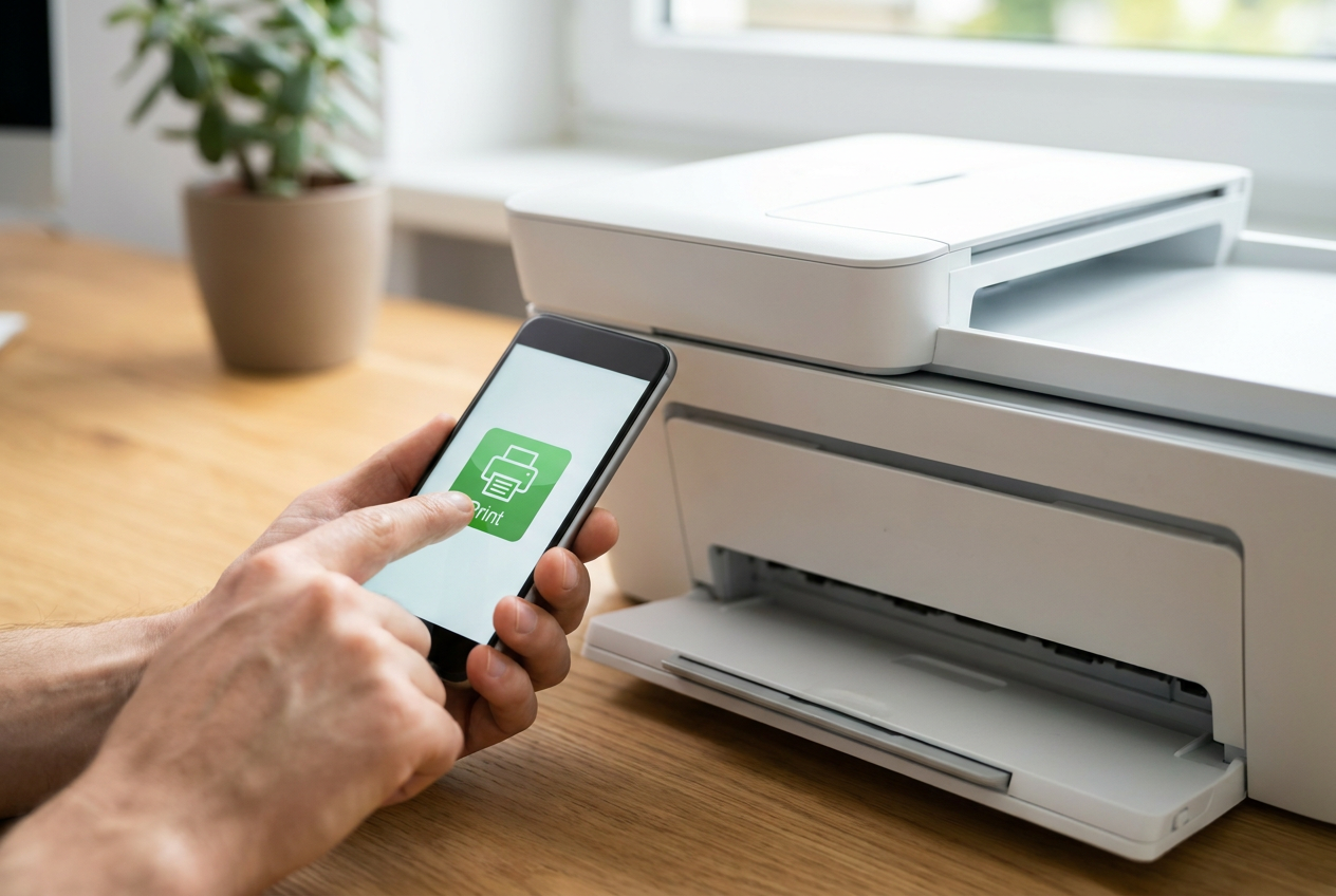 Persona utilizando un smartphone para enviar un documento a imprimir de forma inalámbrica en una impresora multifunción.