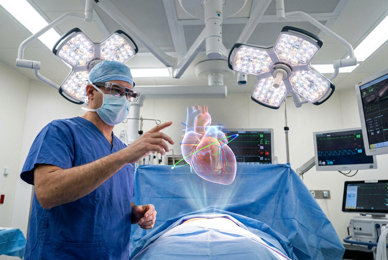 Cirujano utilizando gafas de realidad aumentada para proyectar un órgano humano en 3D durante uma operação.