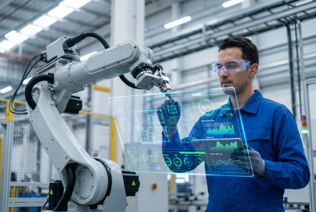 Técnico industrial com gafas de realidad aumentada visualizando planos holográficos sobre um braço robótico.
