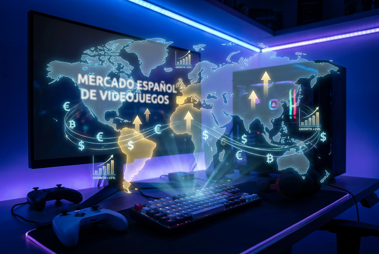 Representación conceptual del crecimiento del mercado de videojuegos en España y Latinoamérica mediante un mapa holográfico y gráficos de tendencia.