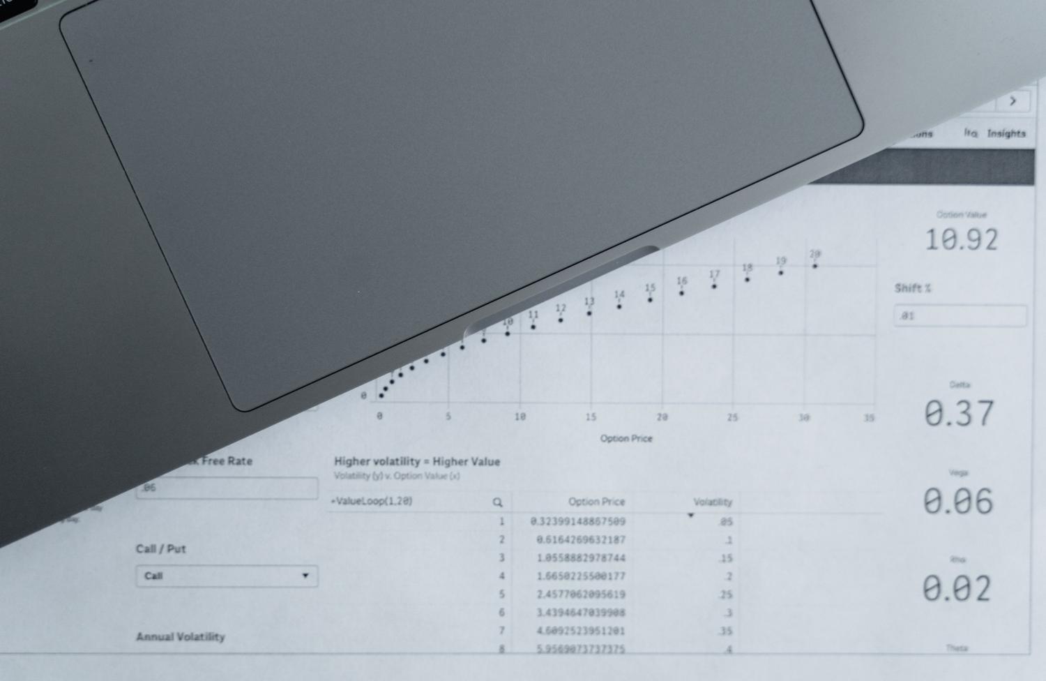 Vista superior de um portátil y hojas de cálculo financieras, ideal para ilustrar el análisis de datos en Excel.