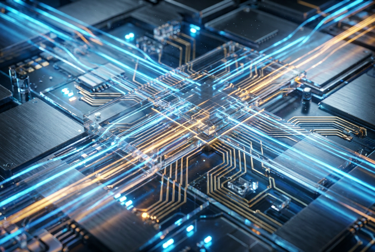 Representação visual de alta velocidade com estelas de luz sobre circuitos de uma placa base, ilustrando o arranque rápido do sistema UEFI.