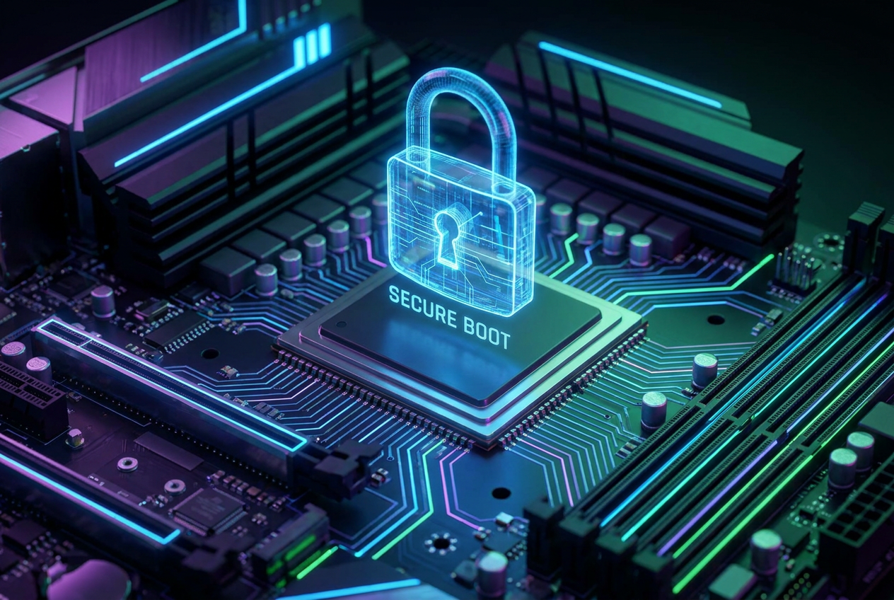 Ilustração conceitual de uma placa base com um cadeado holográfico azul, simbolizando a função de Secure Boot do UEFI.