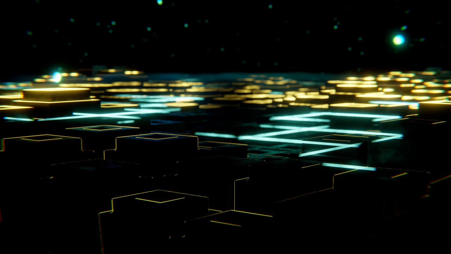 Paisaje digital abstracto con luces de neón que representan un mundo virtual y el metaverso