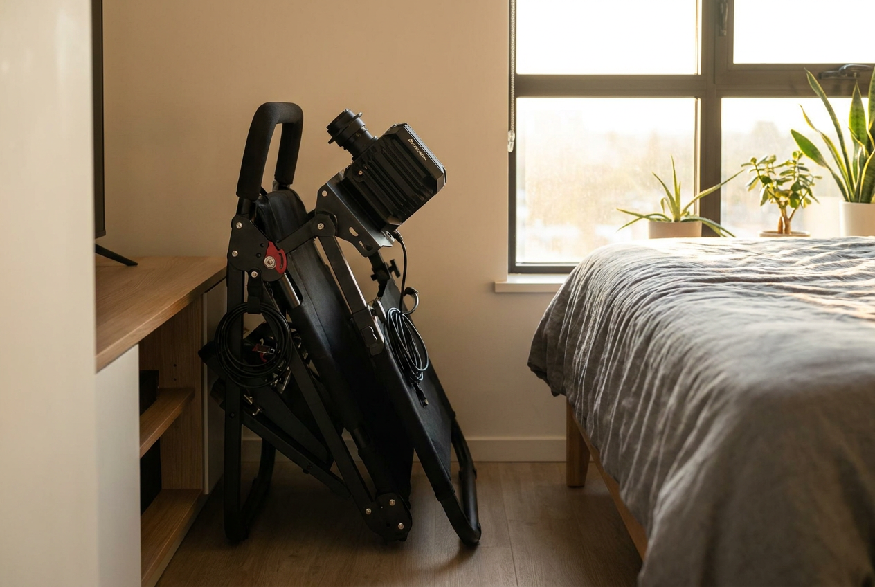 Simulador de carreras plegable en una habitación moderna, mostrando su diseño compacto y volante Direct Drive.