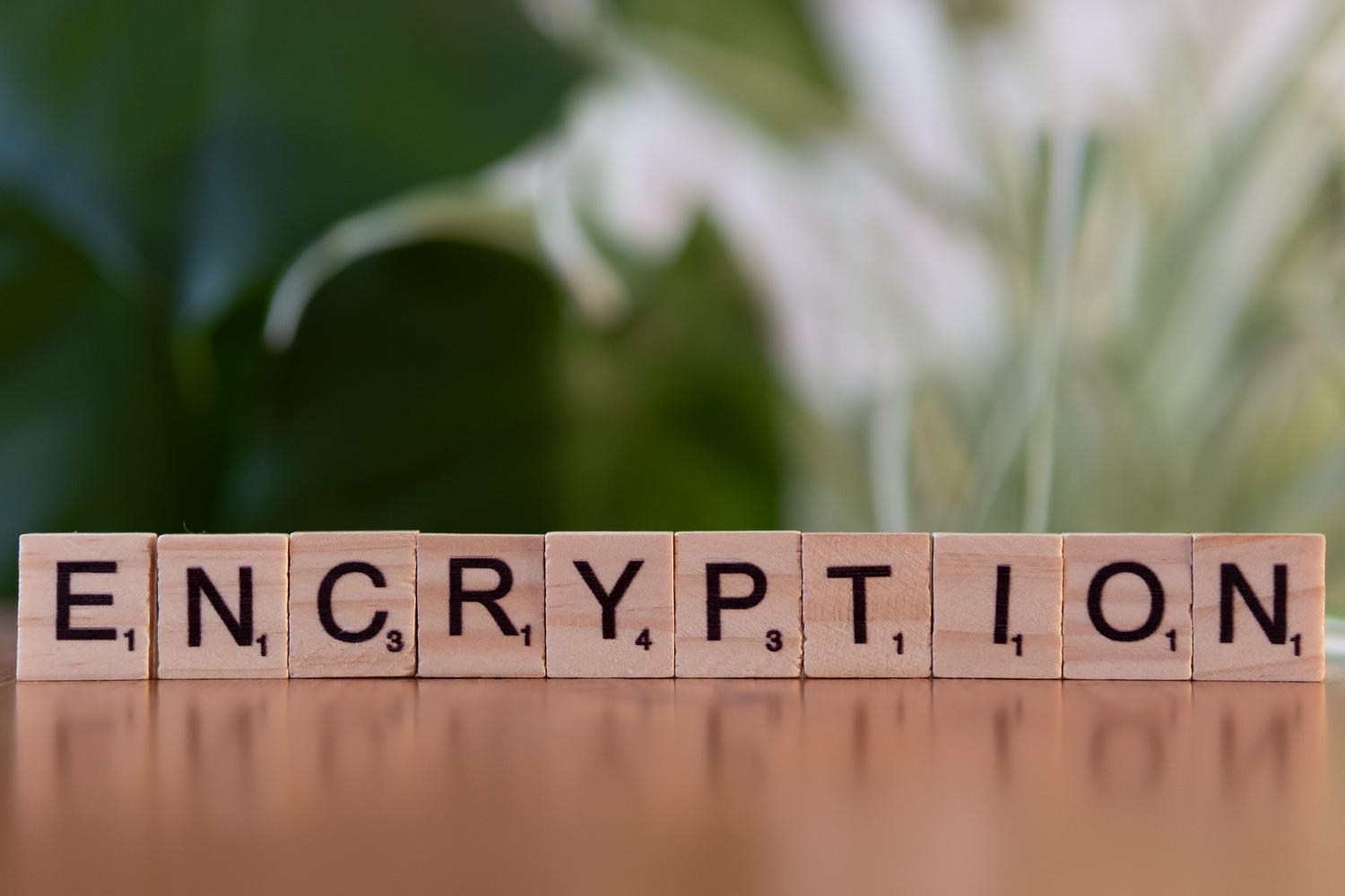 Cifrado Fichas de madera deletreando la palabra 'ENCRYPTION', representando el cifrado de datos y la prevención de seguridad.