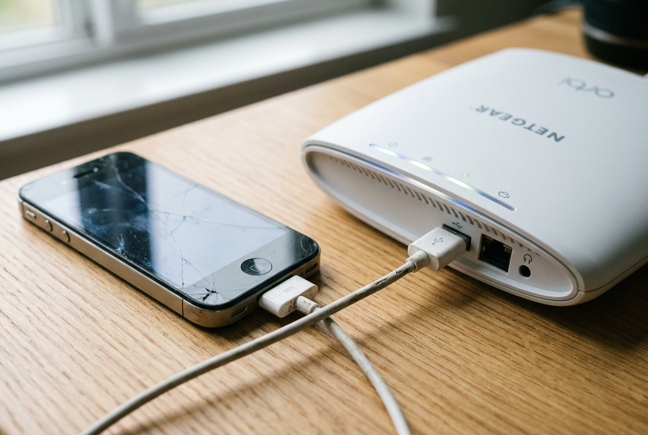 Smartphone antiguo conectado a un router inalámbrico mediante un cable USB, ilustrando la técnica de Anclaje USB (USB Tethering).