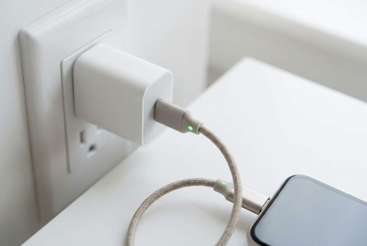 Smartphone conectado a un cargador de pared sobre una superficie blanca minimalista, representando los cuidados esenciales del hardware y la batería.