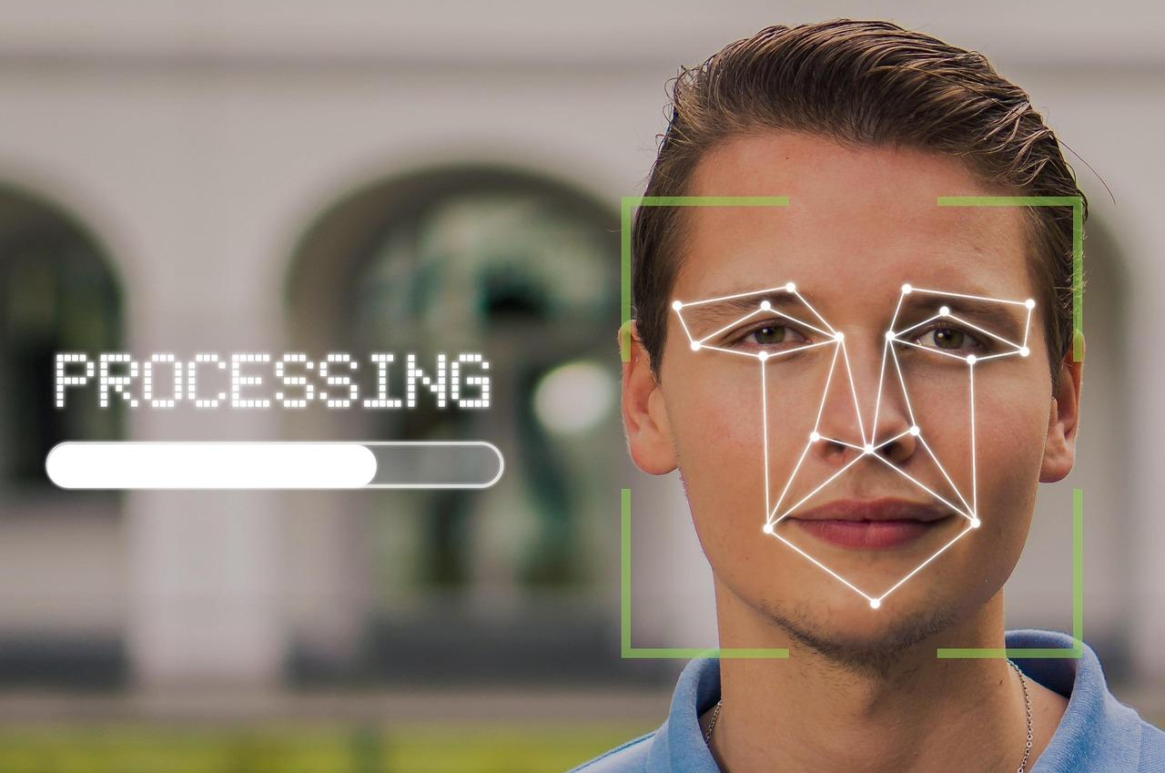 Representación conceptual de reconhecimento facial e biometria, ilustrando o uso de Passkeys para acessar Gmail.