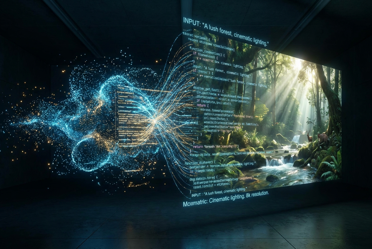 Representación conceptual de una inteligencia artificial transformando texto en una escena de vídeo cinematográfica y realista.