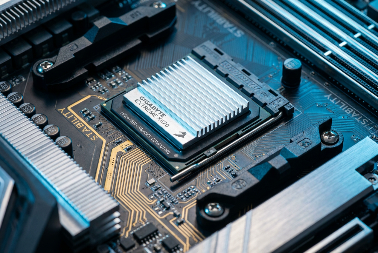Abstract macro photography of a high-tech circuit board with integrated circuits, representing the technical stability and speed of CSODIMM technology.