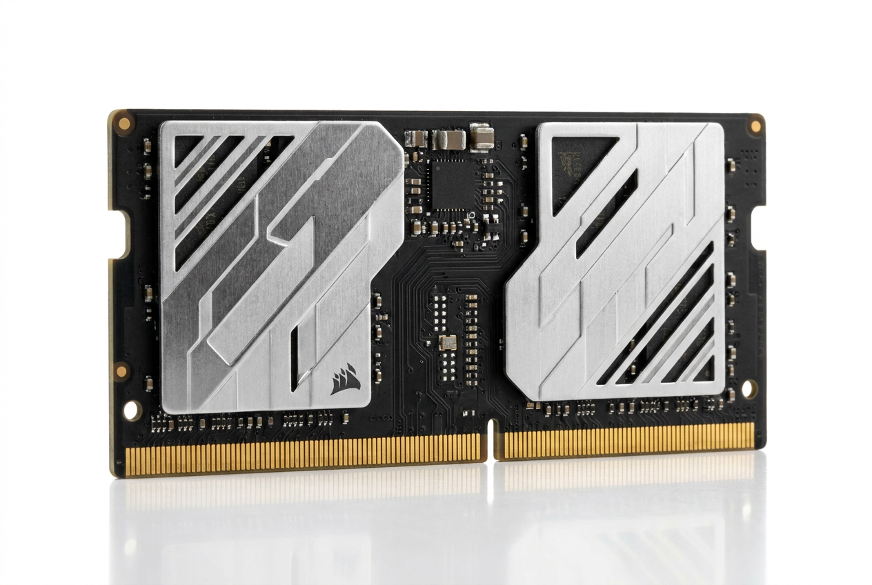 Detailed professional view of a modern high-performance DDR5 SODIMM RAM module with heat spreaders for laptops.