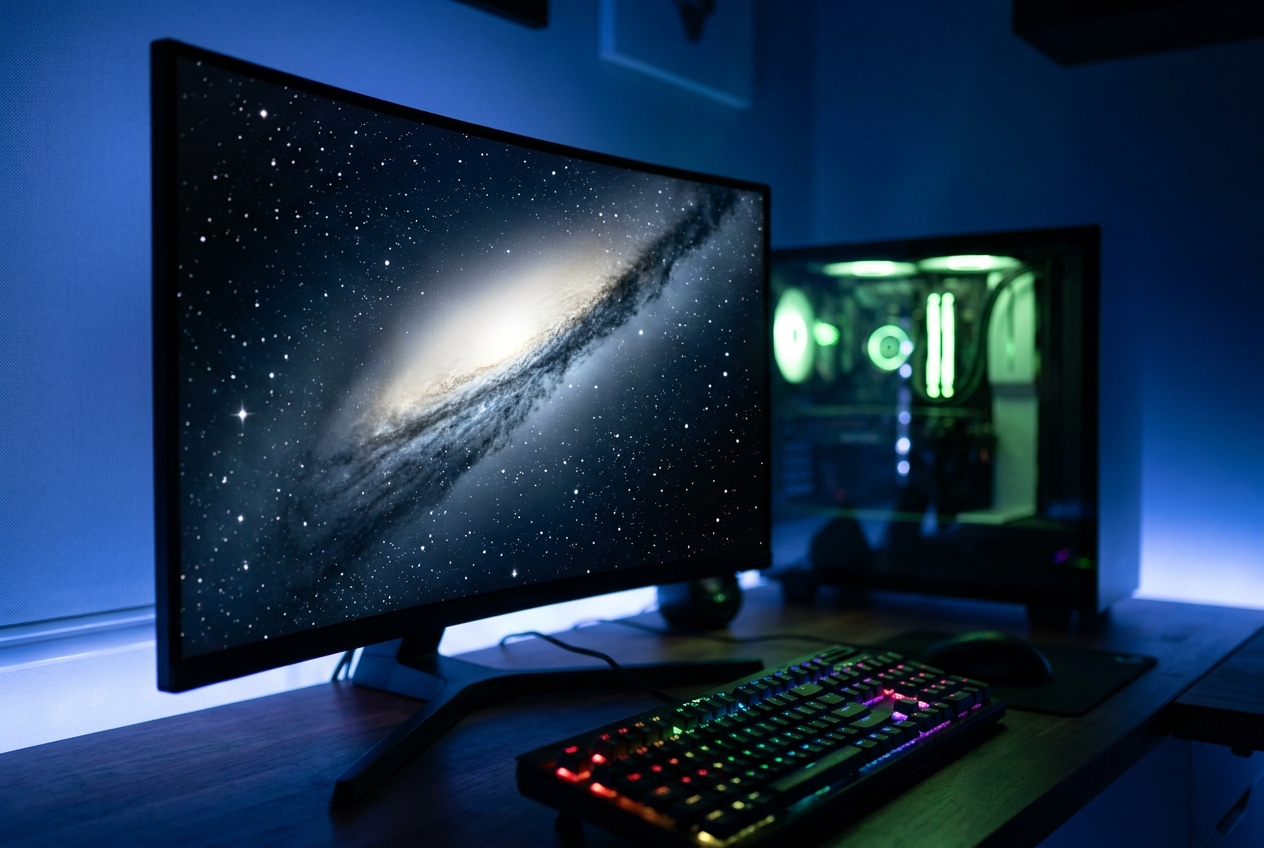 Ilustración técnica de un monitor gaming curvo mostrando un alto contraste entre negros profundos y luces brillantes para explicar el Dynamic Contrast Ratio (DCR).