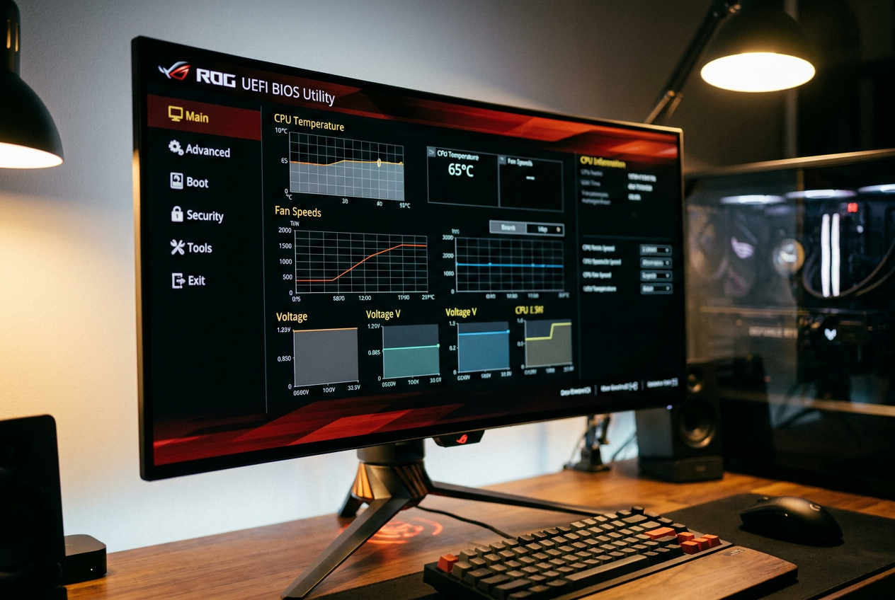 Pantalla de monitor moderno mostrando la interfaz gráfica de configuración de la BIOS UEFI con menús de arranque y seguridad.