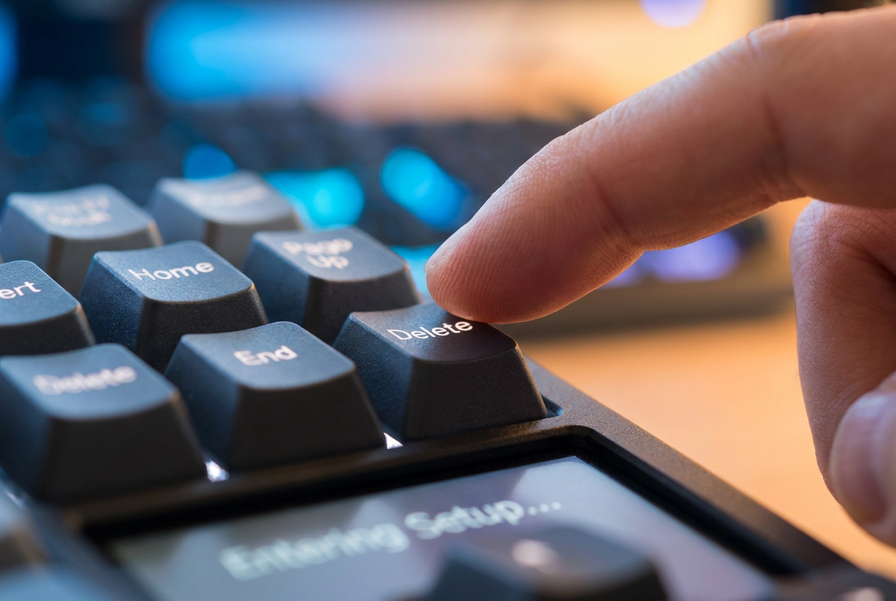 Dedos de una persona presionando la tecla Delete en un teclado mecánico para entrar en la BIOS.