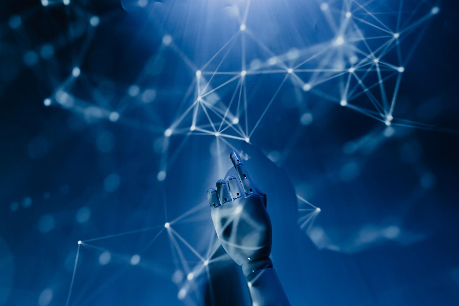 Uma mão robótica interagindo com uma rede digital, simbolizando os agentes de IA navegando pela topologia de software interna de uma empresa.