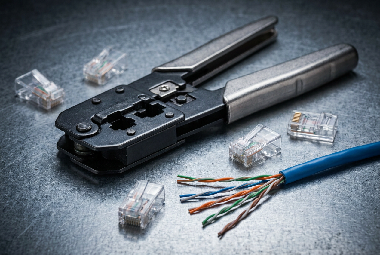 Herramienta crimpadora profesional para conectores RJ45 con cable Cat6 y cables internos expuestos, ideal para la sección de tutorial práctico.
