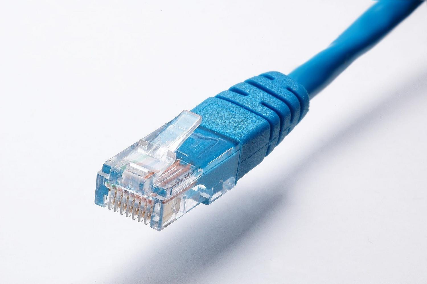 Primer plano de un conector de cable Ethernet azul sobre fondo blanco, ideal para ilustrar los tipos de cableado.
