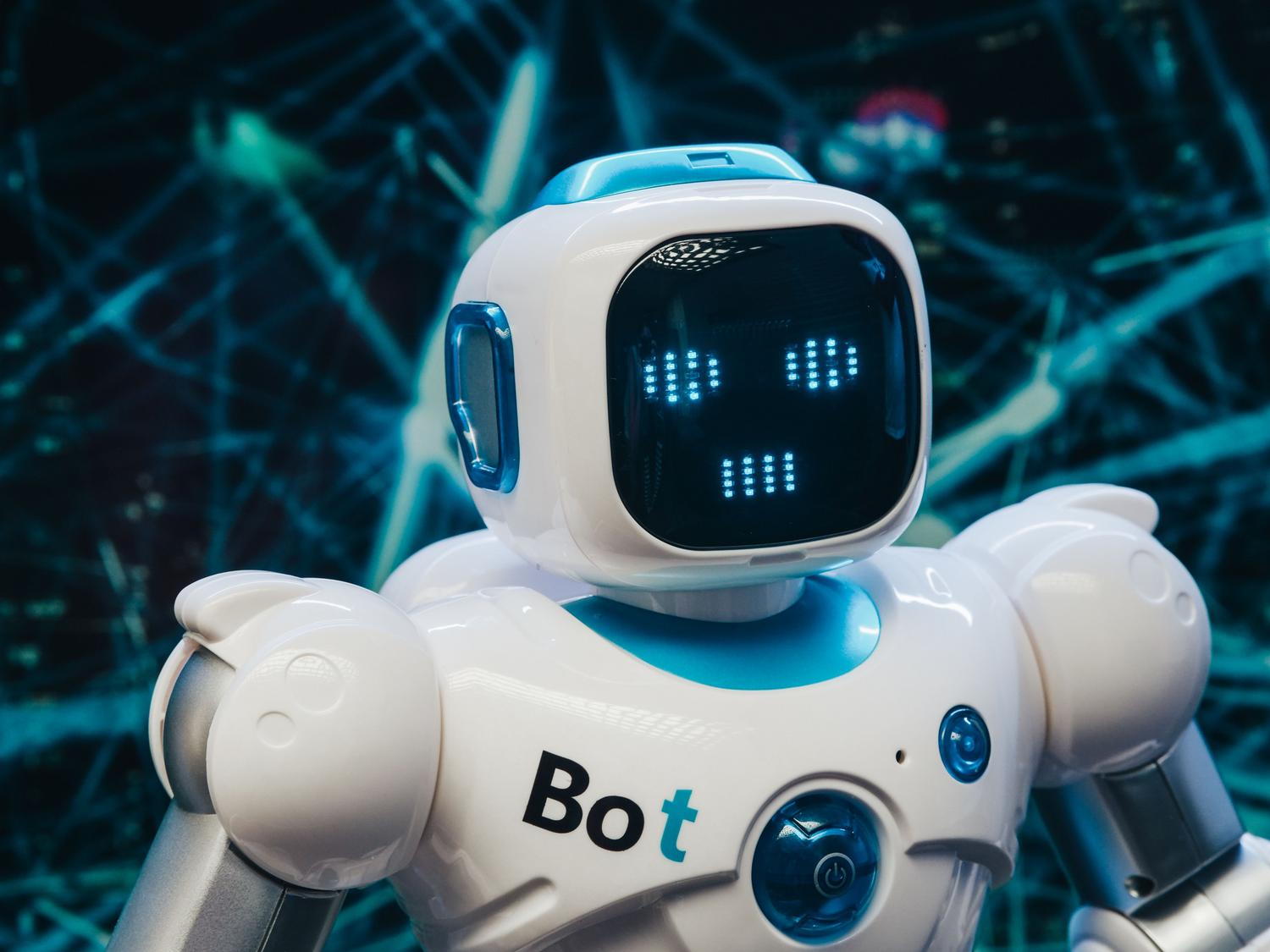 Representación conceptual de un agente de IA inteligente con un diseño robótico blanco y moderno sobre un fondo de red neuronal.