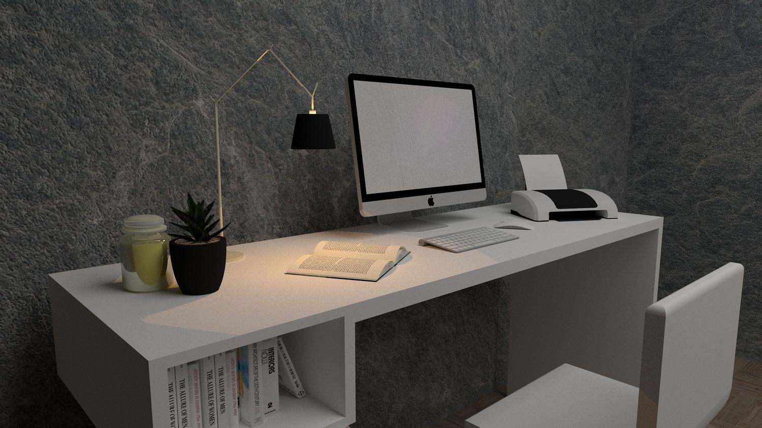 Escritorio de oficina en casa minimalista con un ordenador, evocando un entorno de trabajo organizado y eficiente.