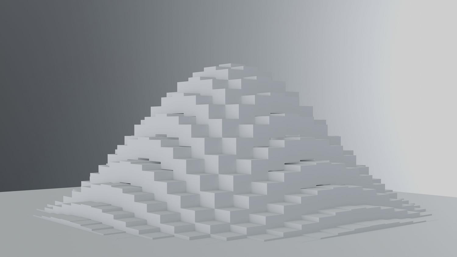 Representación abstracta de una colina hecha de bloques blancos en estilo voxel, evocando la construcción característica de Minecraft.