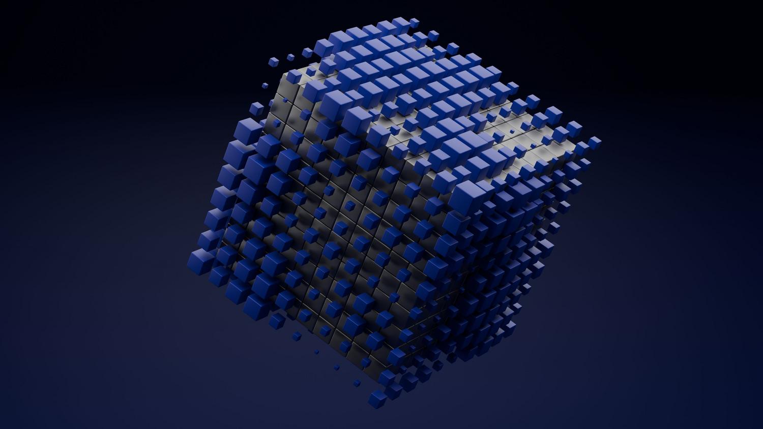 Estructura de cubos azules flotando en un espacio oscuro, simbolizando la creatividad digital y la construcción en mundos virtuales.