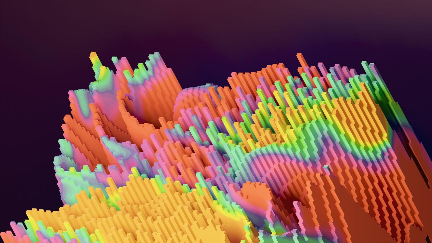 Terreno abstracto multicolor compuesto por bloques, ilustrando la generación procedural de biomas y mundos infinitos.