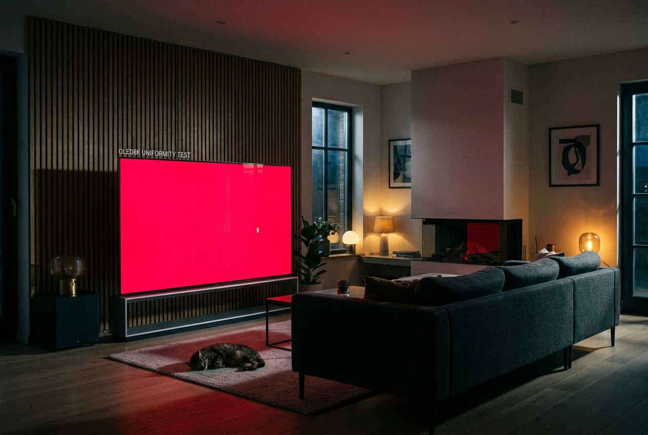 Televisor OLED en un salón oscuro mostrando un color rojo sólido y vibrante para realizar una prueba de uniformidad de pantalla.