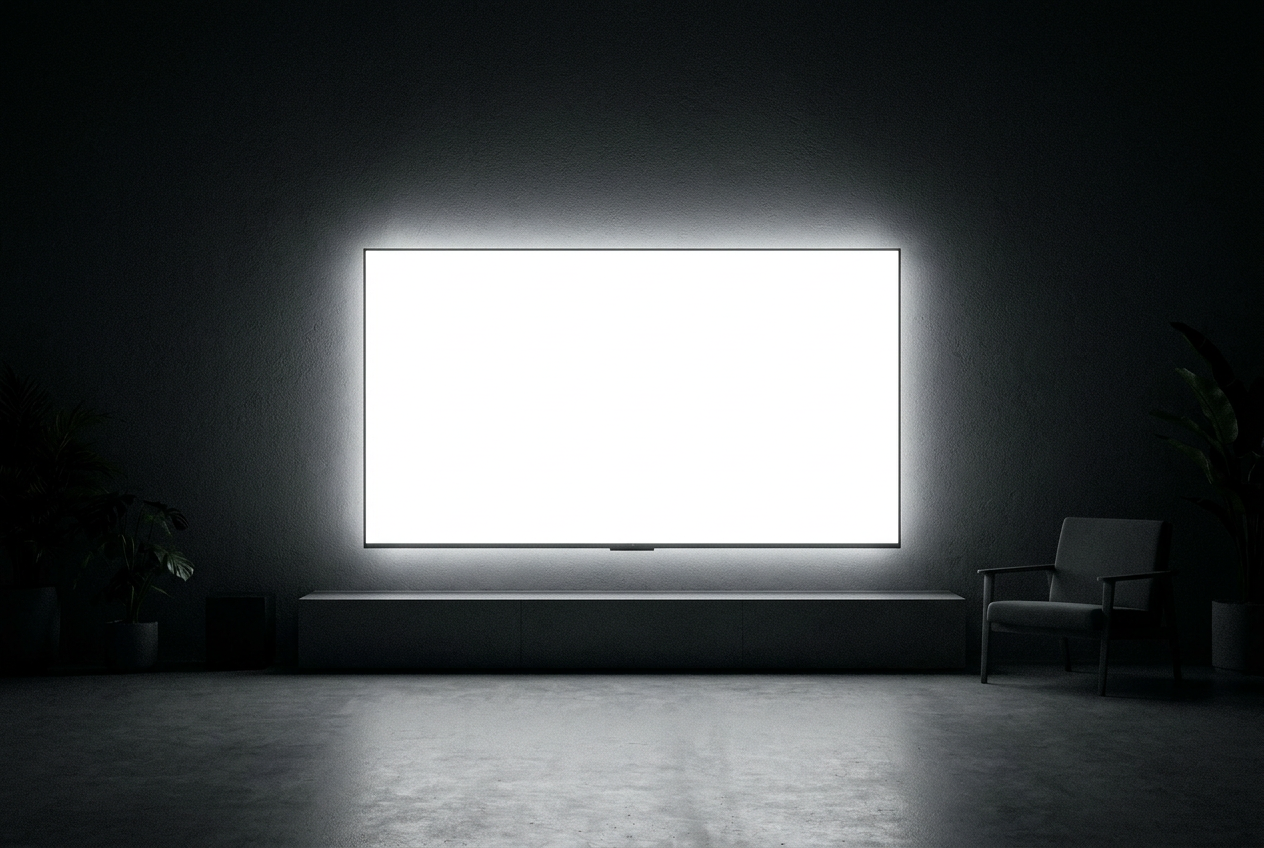 Pantalla de televisor OLED iluminada completamente en blanco puro en una habitación minimalista, simulando un test de detección de manchas.